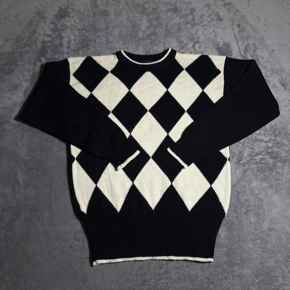 Liz Claiborne Y2K Argyle Lambswool Blend Size Small Sweater Diamond Black White
